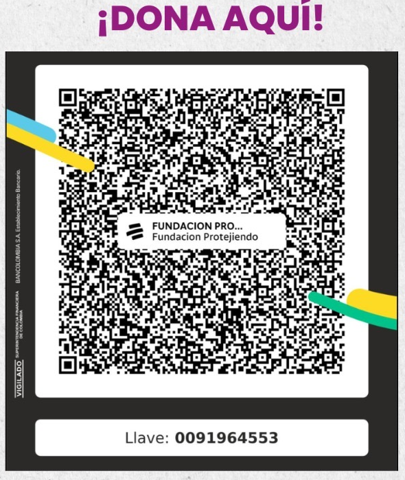 Dona aquí - Código QR de donación Bancolombia, Fundación ProTejiendo, llave 0091964553
